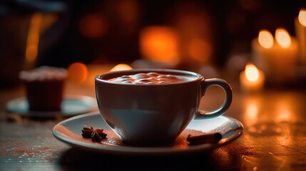Fototapeta premium Illustration of a cup of hot chocolate with a blurry environment, creating a cozy atmosphere. Generative AI