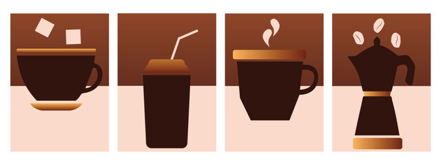 Vector drawing of a cup of coffee, coffee maker. A set of posters in a minimalist style in coffee tones on the theme of coffee. Design elements.