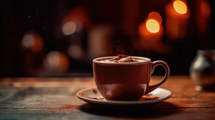 Obraz premium Illustration of a cup of hot chocolate with a blurry environment, creating a cozy atmosphere. Generative AI