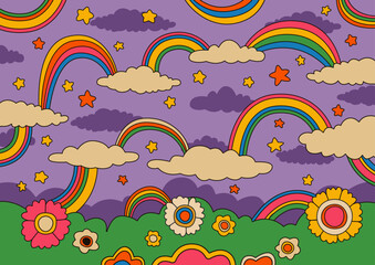 Psychedelic Retro Style Rainbow Sky Background. 1960s-1970s Abstract Summer Landscape Illustration
