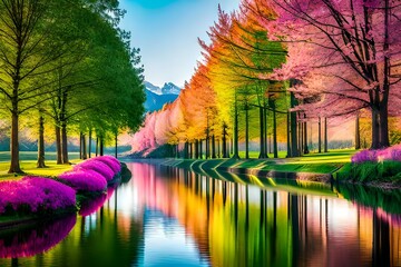 landscape with trees and lake by AI generative