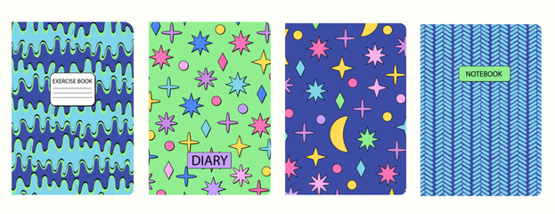 Set of cover page templates based on Neo Brutalism seamless patterns for school notebooks, diaries. Headers isolated and replaceable