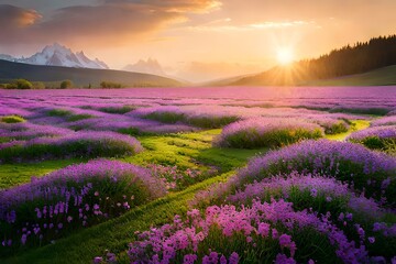 Fototapeta na wymiar lavender field at sunrise by AI generative