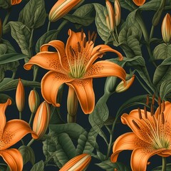 Beautiful orange lilly flower seamless pattern, created with generative AI - obrazy, fototapety, plakaty