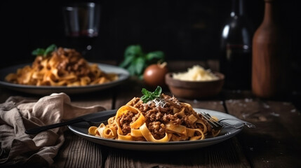 Tagliatelle al Rag&ugrave; alla Bolognese on a Rustic Table