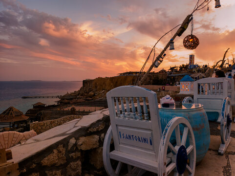 Cafes and restaurants on the cliffs at sunset in Hadaba, Sharm el Sheikh, Egypt