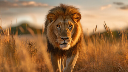 A male lion walking on the Serengeti during the golden hour