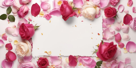 Blank white card in the center, surrounded by rose and magnolia petals, white background top view, AI Generated