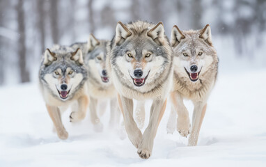 A pack of wolf running on the snow in a Montana forest - obrazy, fototapety, plakaty