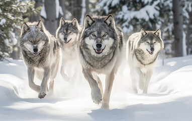 A pack of wolf running on the snow in a Montana forest