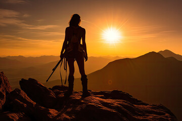 A climber standing victorious atop a mountain peak, the vast expanse of the wilderness stretching out below