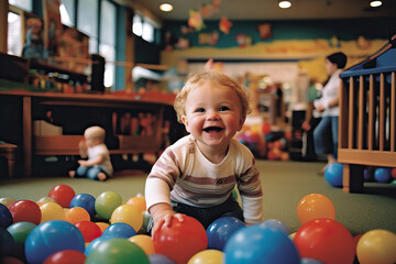 A baby is playing in a ball pit - obrazy, fototapety, plakaty