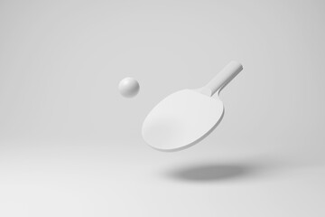 Table tennis racket and ball with shadow on white background in monochrome. Illustration of the concept of sports, competition and leisure