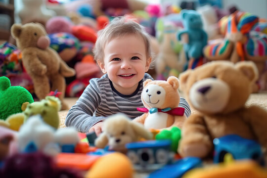 A little girl sitting on the floor surrounded by stuffed animals