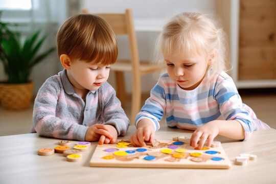 Two young children playing with a board game