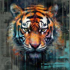 a Tiger looking determined, surrealism art, contemporary clash of block coloring