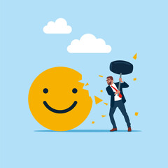 Businessman  uses sledgehammer and attack emoji sign. Bad review for product, rating to product. Flat vector illustration.