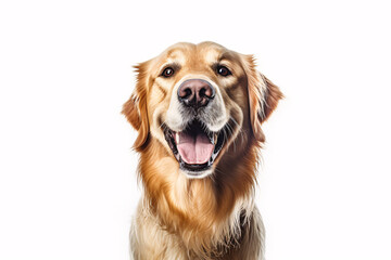 golden retriever isolated on white background, front view close up portrait, happy dog