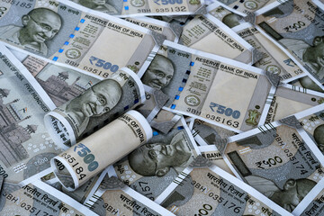 16 May 2023, Pune, India, Indian currency 500 rupees banknotes, business background India economy finance concept.