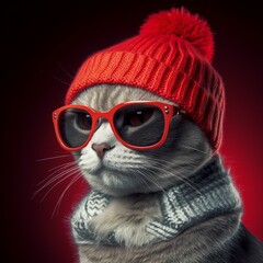 Cat wearing a red beanie wearing sunglasses