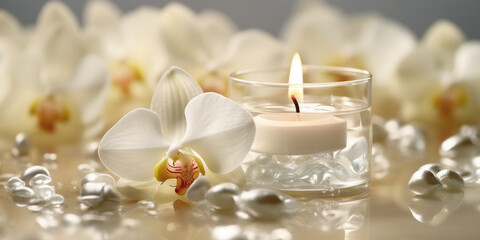 Fototapeta na wymiar Spa still life background. Candles and orchid flower on the water background. AI Generative