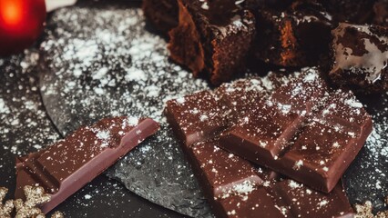 Stacked chocolate bar with cube fudge brownies for Christmas.