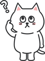 White cartoon cat wondering about something, vector illustration.