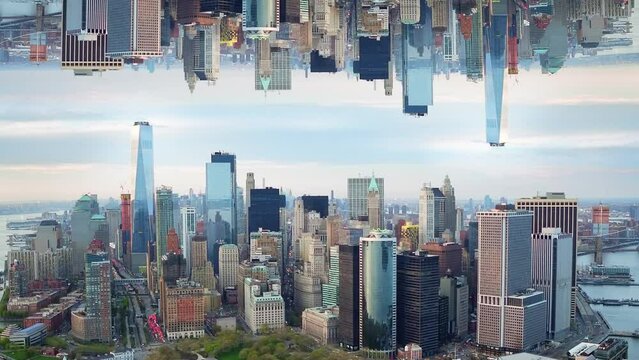 

Futuristic Aerial View of Lower Manhattan Skyline. Surreal Vision of New York City. Parallel Dimension Style Mirror Effect. NY, United States. 
