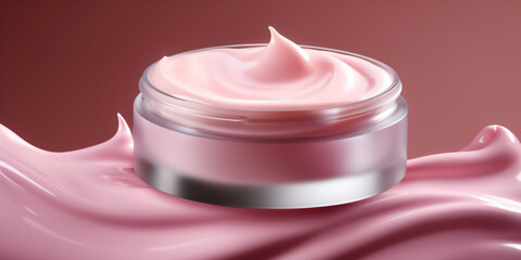 Pink brightening moisturizer cream in cosmetic box floating on the cream background. Beauty lotion fluttering explosion, splash explosion droplet. Isolated background. AI Generative