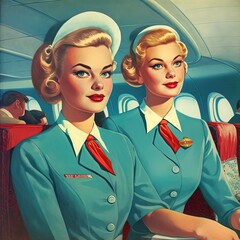 Beautiful flight attendants, postcard, illustration. Generative AI