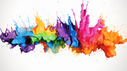 Fototapeta premium Color liquid ink splash abstract background rainbow art. Rainbow splash collage mix flow drip. Fluid wave color yellow, red, green, blue isolated. Liquid ink palette motion. Generative AI illustration