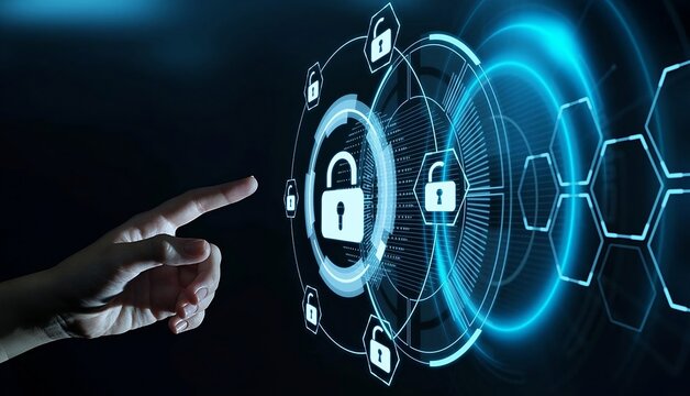 Cybersecurity and privacy concepts to protect data. Lock icon and internet network security technology. Businessman protecting personal data on smartphone, virtual screen interfaces. cyber security. 