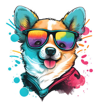 cute dog with glasses, fun colorful concept, for print design like t-shirt design, stickers, etc. generative ai