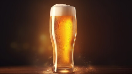 Glass filled of golden light beer with overflowing froth heads. Generative ai