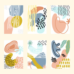 Set abstract backgrounds vector. Hand drawn various shapes and objects. Contemporary modern trendy vector illustrations. Every background is isolated. Pastel colors
