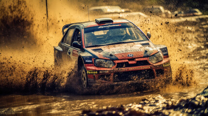 Fototapeta na wymiar Rally car from a sand dune in Sahara desert 