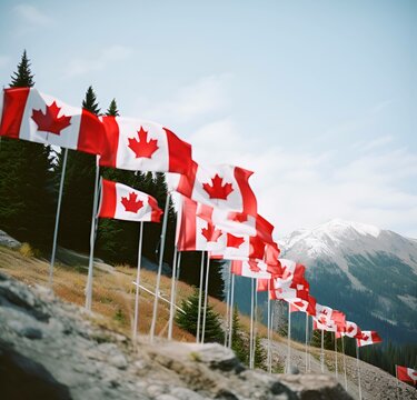 Canada flags waving at the wind in mountain scenario  Generative AI