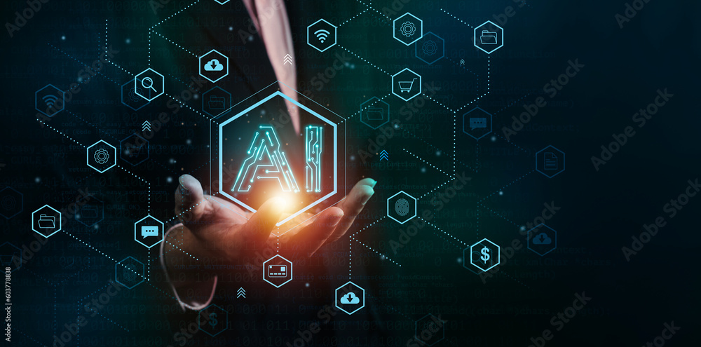 Poster Business man holding Artificial Intelligence (AI) in the futuristic business and coding software development on interface network connection. Digital data technology design for computer brain