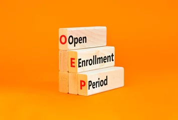 Foto op Plexiglas OEP symbol. Concept words OEP Open enrollment period on beautiful wooden block. Beautiful orange table orange background. Medical and OEP Open enrollment period concept. Copy space. © Dzmitry