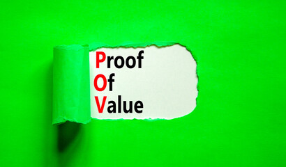 POV Proof of value symbol. Concept words POV Proof of value on beautiful white paper. Beautiful green table green background. Business and POV Proof of value concept. Copy space.