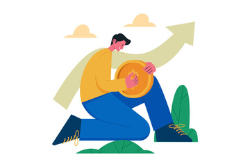 Man holding gold dollar coin against rising graph background vector illustration design concept