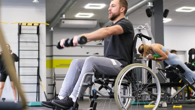 A disabled man in a wheelchair trains, he lifts dumbbells in the gym. Sport overcoming concept