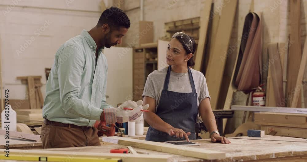 Sticker Carpenter, talking and a woman learning in workshop for manufacturing, wood and design process. A manager or man with person and tablet for creative tips, production and teamwork on carpentry project