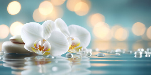 Spa still life background. Candles and orchid flower on the water background. AI Generative