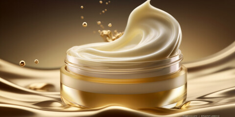 Golden brightening moisturizer cream in cosmetic box floating on the cream background. Beauty lotion fluttering explosion, splash explosion droplet. Isolated background. AI Generative