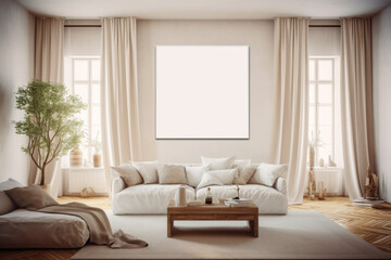 A cozy living room with a couch and a blank white picture frame on the wall, mockup (Generative AI, Generativ, KI)