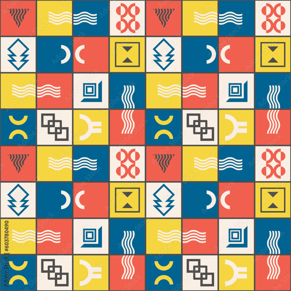Poster seamless pattern with color panels and geometric shapes in bauhaus style. muted color palette. vecto