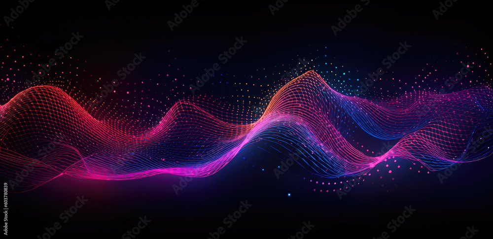 Poster abstract shiny wave background in purple, pink and blue lights. digital luxury sparkling wave partic