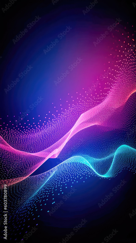 Poster abstract shiny wave background in purple, pink and blue lights. digital luxury sparkling wave partic