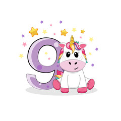 Vector illustration. 9 birthday party invitation with cute unicorn. Happy birthday 9 year old